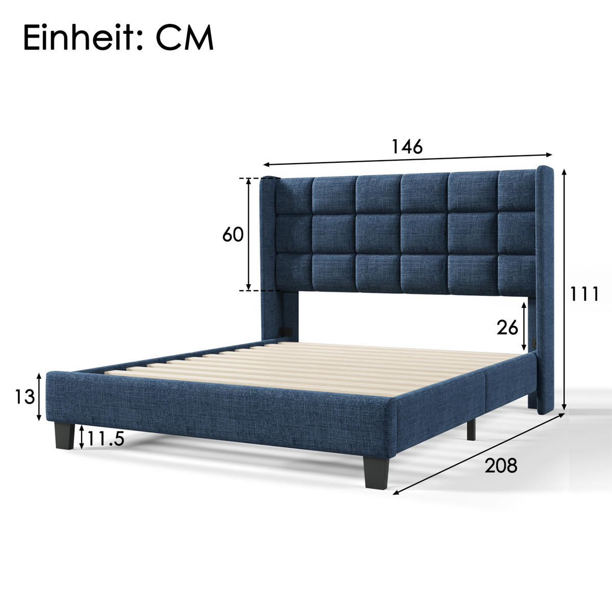 POLSTERBETT mit Lattenrost 140x200 cm Leinen Blue - Blau, Metall (140/200cm) - Meubliv