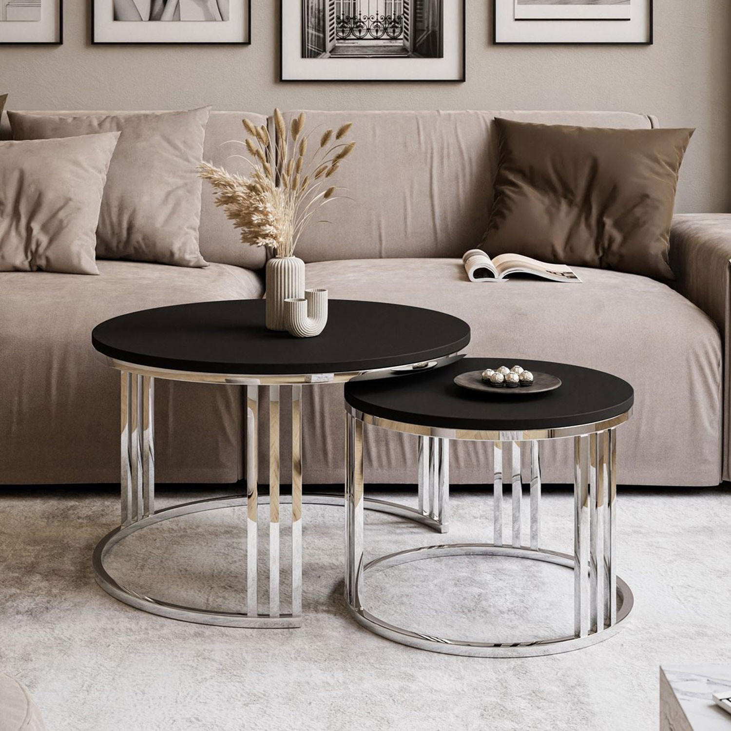 COUCHTISCH 2 in 1 LORI verchromt silber schwarz matt - Silberfarben, Holzwerkstoff (70/70/49cm) - Lookway