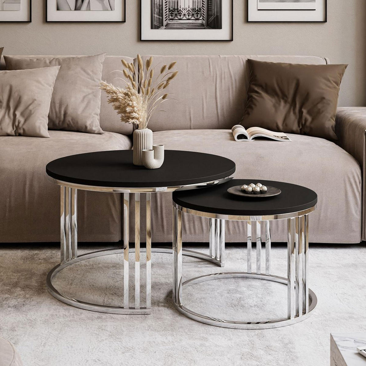 COUCHTISCH 2 in 1 LORI verchromt silber schwarz matt - Silberfarben, Holzwerkstoff (70/70/49cm) - Lookway