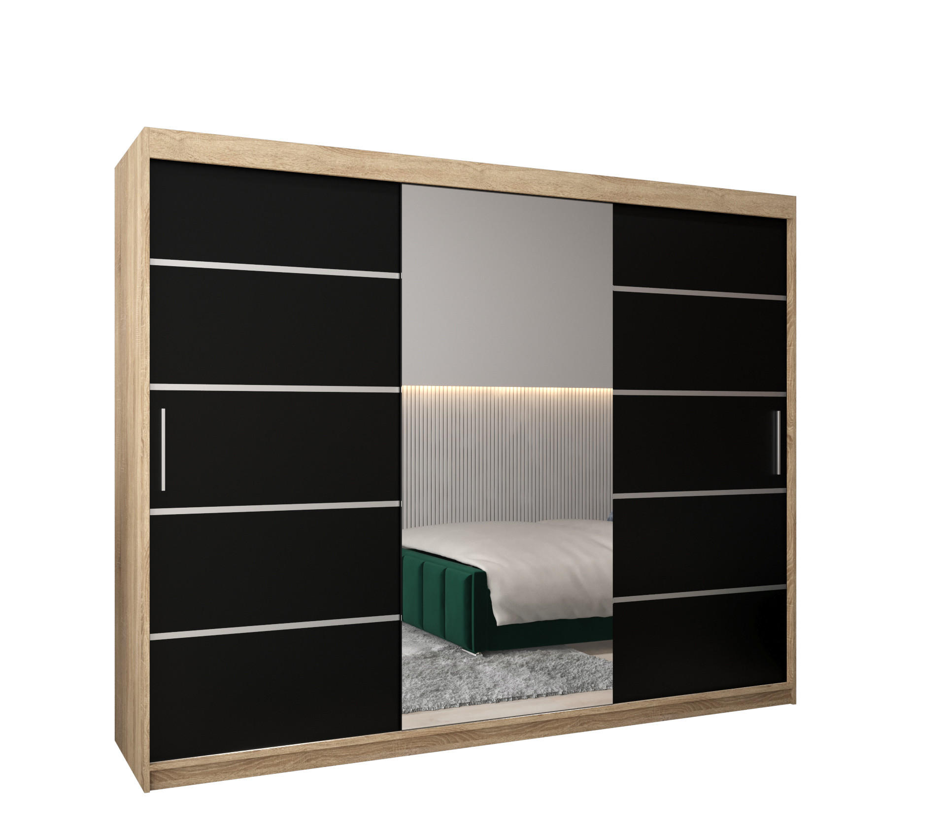 Möbel Kryspol Schwebetürenschrank Sonoma Eiche, Schwarz, Silber 250x200x62 cm