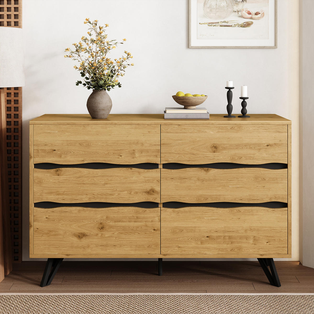 SIDEBOARD mit 6 Schubladen, Holzoptik mit wellenförmigen Fronten und schwarzen Metallfüßen, 120/40/75,5 cm,Naturfarben - Naturfarben, Holzwerkstoff (120/75.5/40cm) - Redom