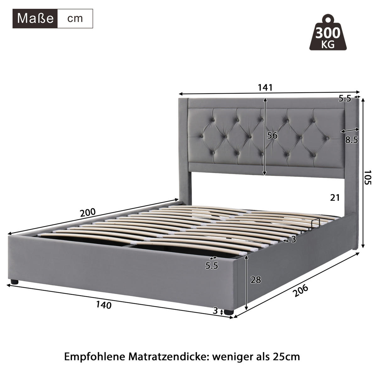 POLSTERBETT 140/200 cm mit Stauraum, Samtbezug und Chesterfield-Kopfteil, Grau - Grau, Metall (140/200cm) - Redom