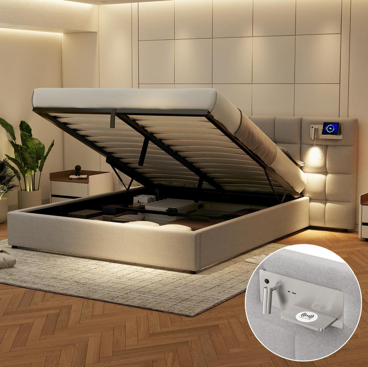 POLSTERBETT 180/200 cm Grau mit Stauraum und USB-Anschluss - Grau, Textil (180/200cm) - OKWISH