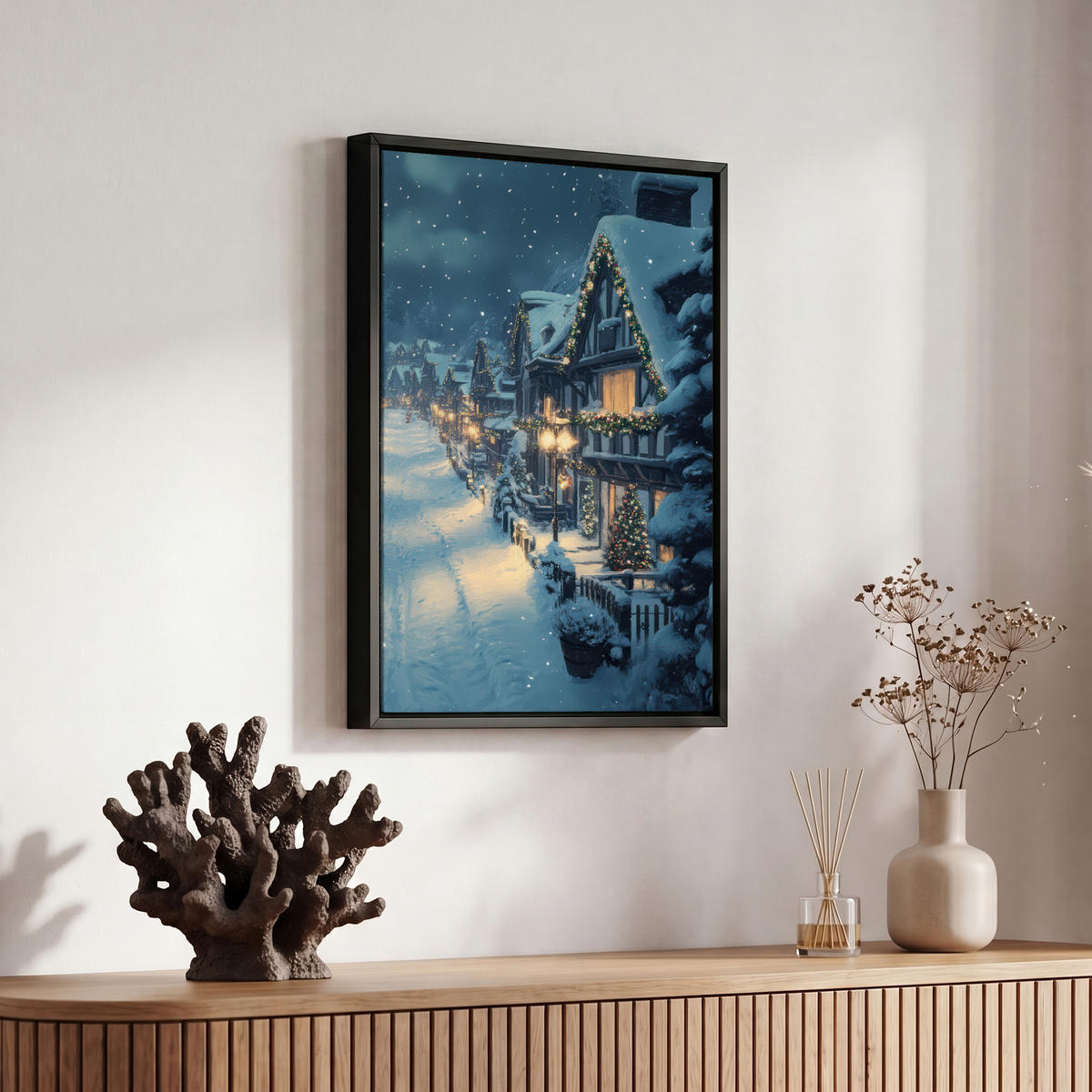 LEINWAND Bilder mit Rahmen - Weihnachtsdorf - Weihnachten - Schnee - Winter - 20x30 - Dunkelblau, Textil (20/30cm) - MuchoWow