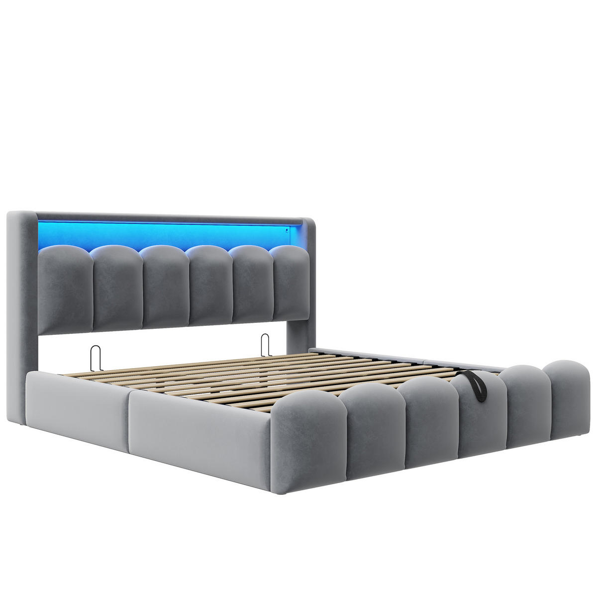 POLSTERBETT 180/200 cm grau aus Samt mit Stauraum, LED und USB - Grau, Textil (180/200cm) - OKWISH