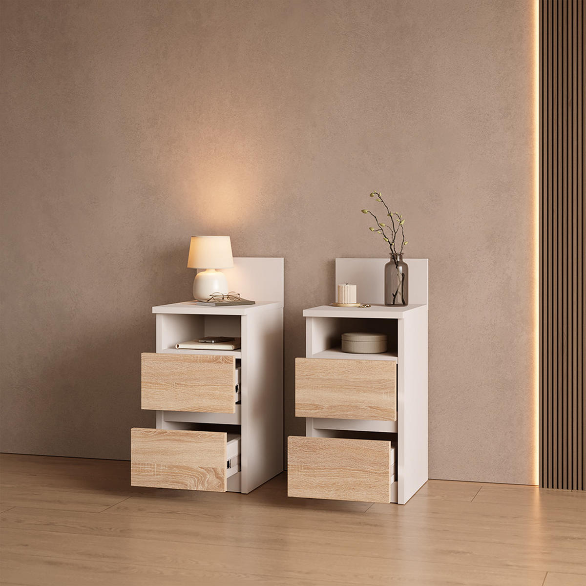 NACHTTISCH Roya, Weiß/Sonoma, 25 x 59.1 cm mit 2 Schubladen - Weiß/Sonoma Eiche, Holzwerkstoff (25/59.1/32.3cm) - Livinity®