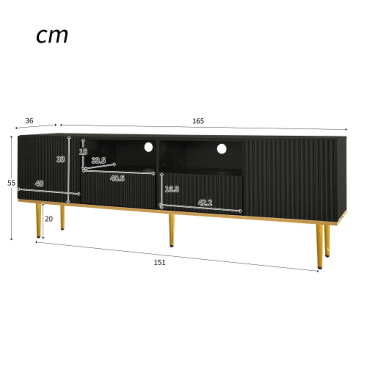 LOWBOARD Schwarz-gold aus Spanplatte mit streifendekorierten Push-Open Türen 165×36×55 cm - Schwarz, Holzwerkstoff (165/55/36cm) - Luhomfu