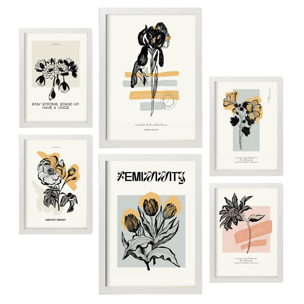 POSTER Set Mit 6 Schwarze Tintenblumen Größe A3 & A4 Weißer Rahmen - Weiß, Papier (29.7/1cm) - Nacnic