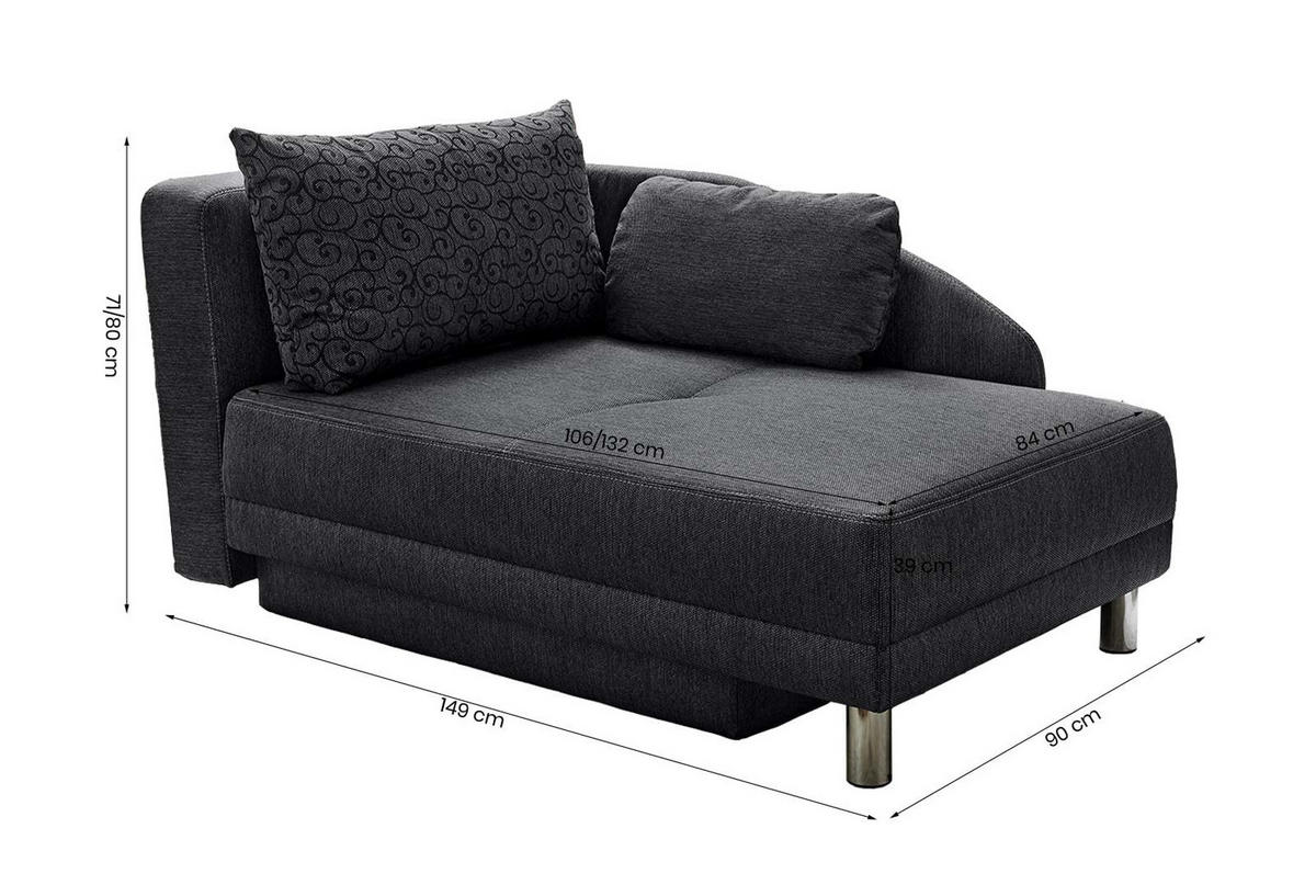 RÉCAMIERE-SCHLAFSOFA mit Bettkasten, Federkern, seitenverkehrt montierbar B149/T90/H80 cm, Liegefläche 200x84 cm, Webstoff Anthrazit / 15121 - Chromfarben/Anthrazit, Textil/Metall (149/80/90cm) - luma-home