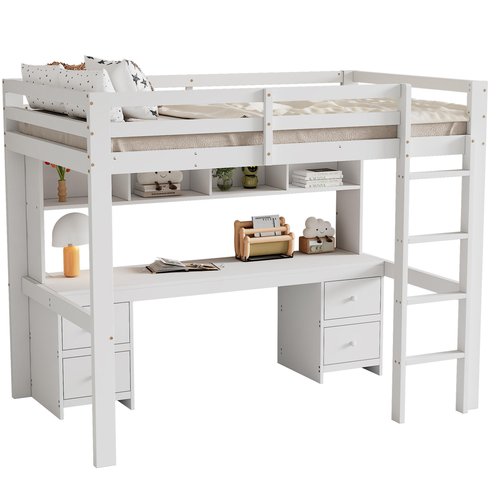 HOCHBETT 90/200 cm Weiß mit Schreibtisch und Stauraum - Weiß, Holz (90/200cm) - Flora Grace