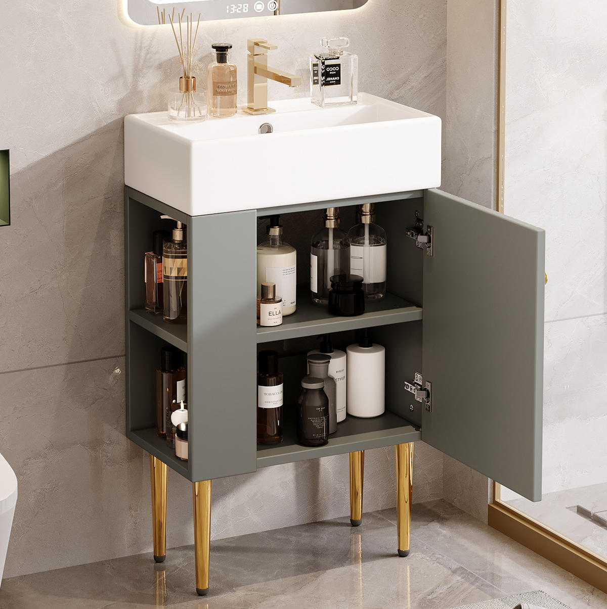 BADEZIMMERSCHRANK 55x31x91.5cm Grau-Weiß mit Hochglanz-Keramikbecken - Grau, Holzwerkstoff (55/91.5/31cm) - Modfu