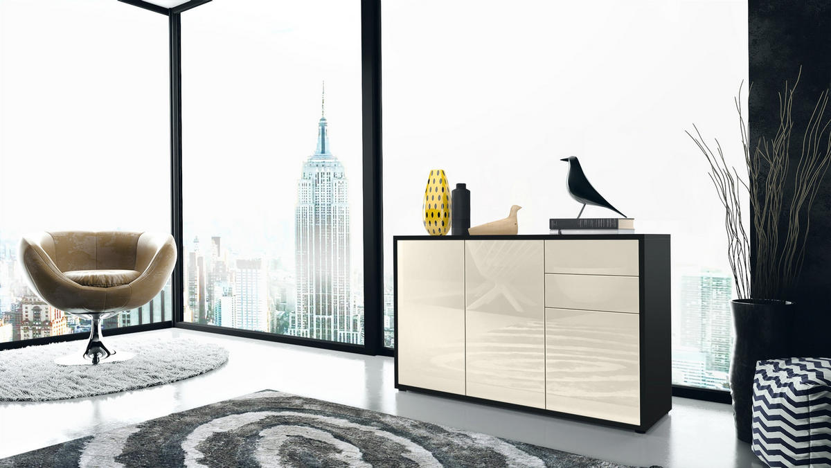 KOMMODE Ben Front in Creme Hochglanz - Creme, Holzwerkstoff (117/74/36cm) - Vladon