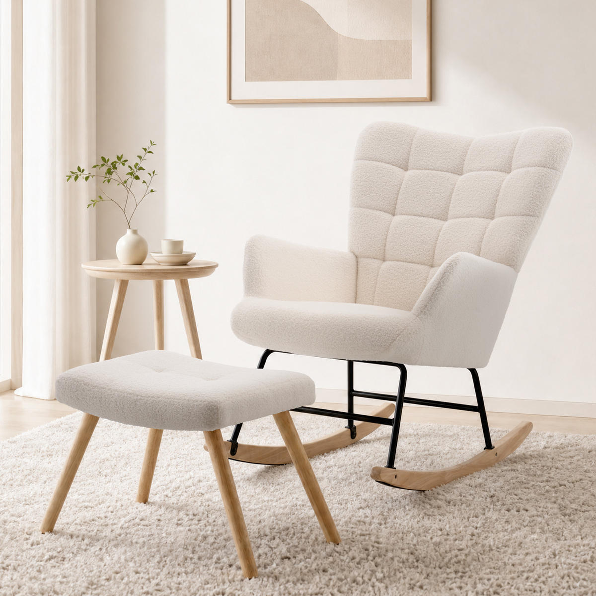 SCHAUKELSTUHL wohnzimmer mit hocker und verdicktem Sitzkissen ,Bodenschutzleiste, beige - Beige, Holzwerkstoff/Textil (68/91/88cm) - STILVORA