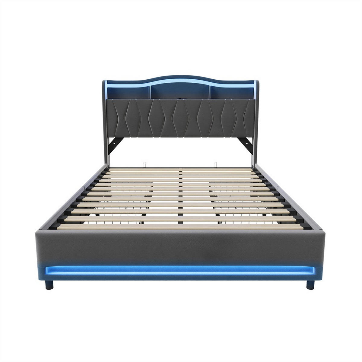 POLSTERBETT 140x200cm - Doppelbett mit 4 Schubladen - RGB-LED-Beleuchtung - Stauraum-Kopfteil - ohne Matratze - Grau - Grau, Textil (140/200cm) - DELFA