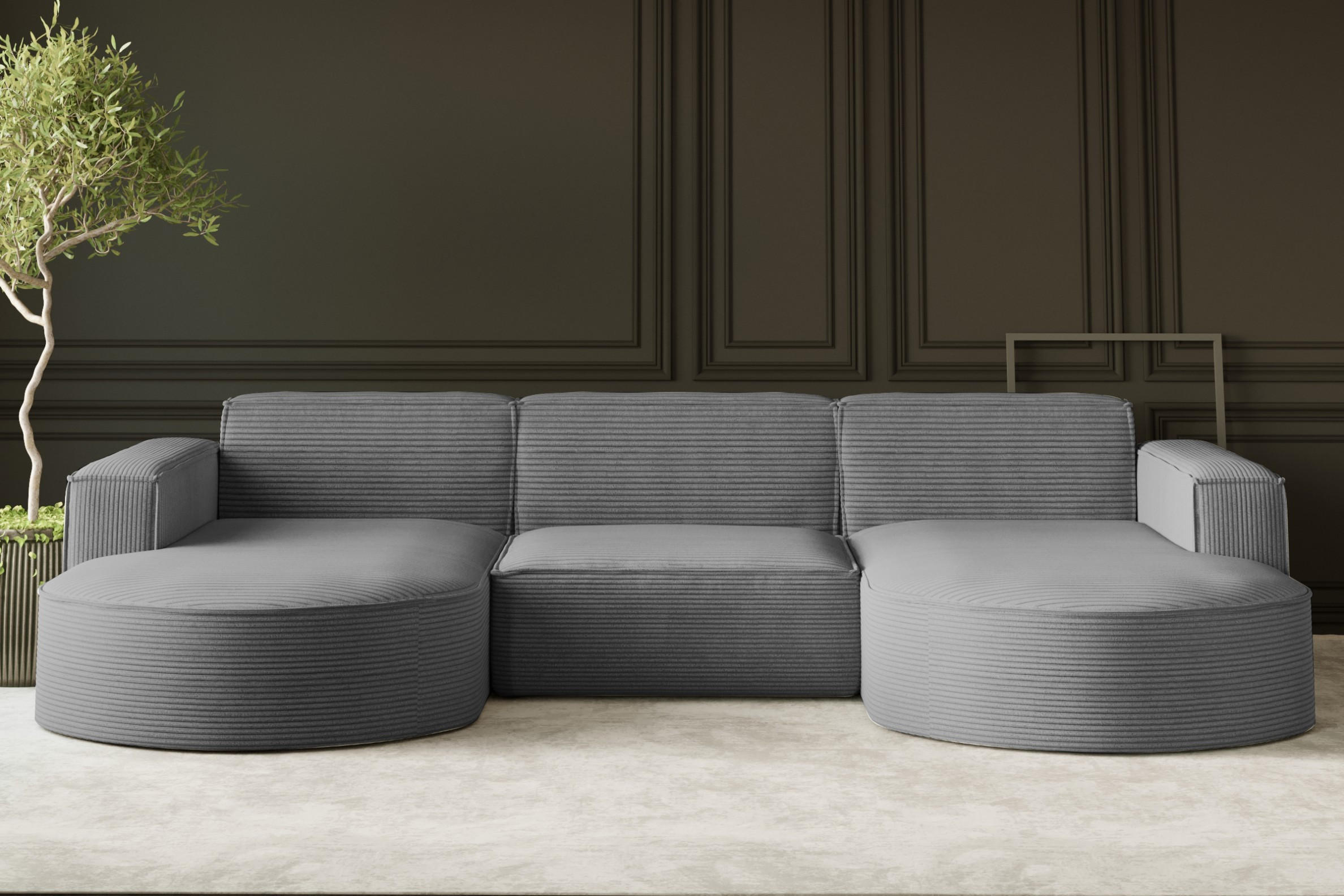 ECKSOFA Designer MODENA U STUDIO Stoff Dicker Cord Silber - Grau, Holz (165/299cm) - Kaiser Möbel