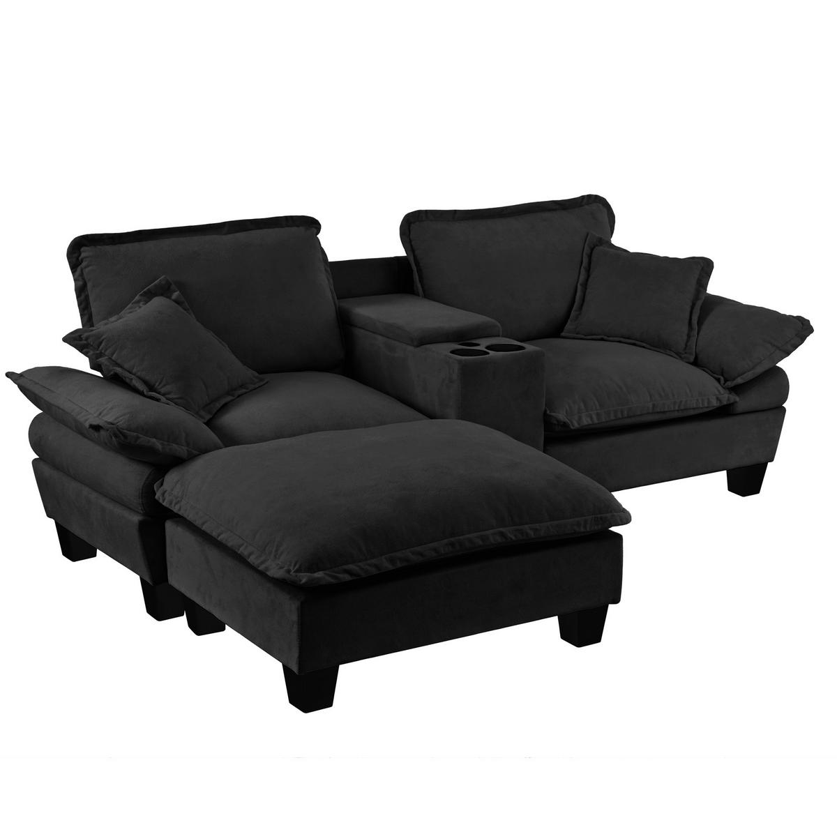 SOFA mit Ottomane und Stauraum 224 x 151 cm Chenille Black - Schwarz, Holzwerkstoff (151/224cm) - Meubliv