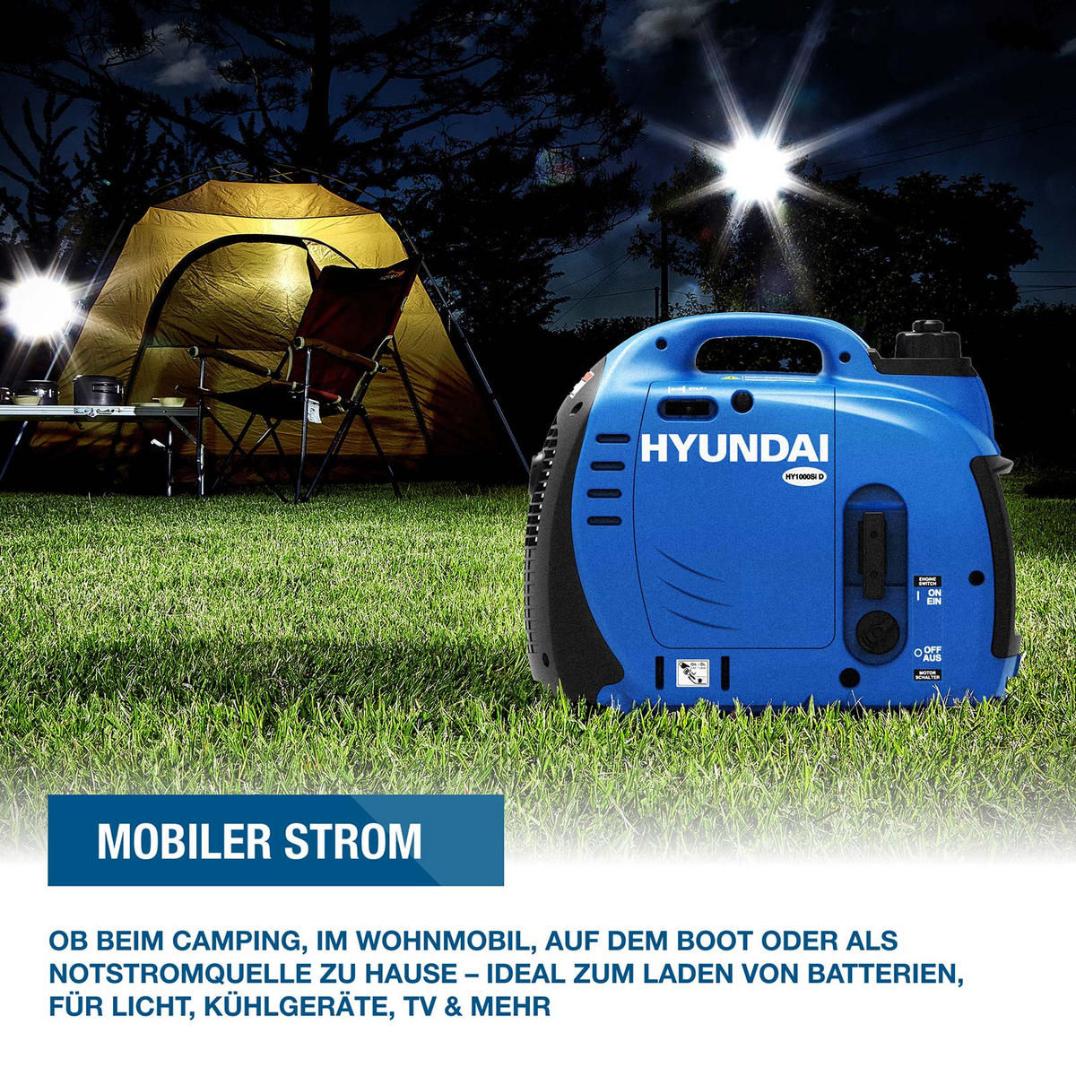 INVERTER-GENERATOR HY1000Si D (1 kW, tragbar, 1 x 230V + 1 x 12V, 1 x USB) - Blau, Kunststoff (44/47/23cm) - HYUNDAI