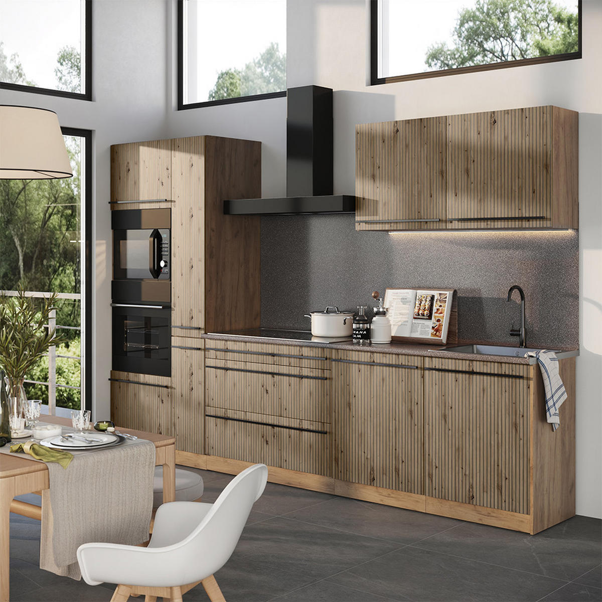 KÜCHENZEILE R-Line, Artisan-Eiche/Goldkraft Eiche, 310 cm ohne Arbeitsplatte - Honigeiche/Eiche Artisan, Holzwerkstoff (310/206.8/46cm) - Vicco