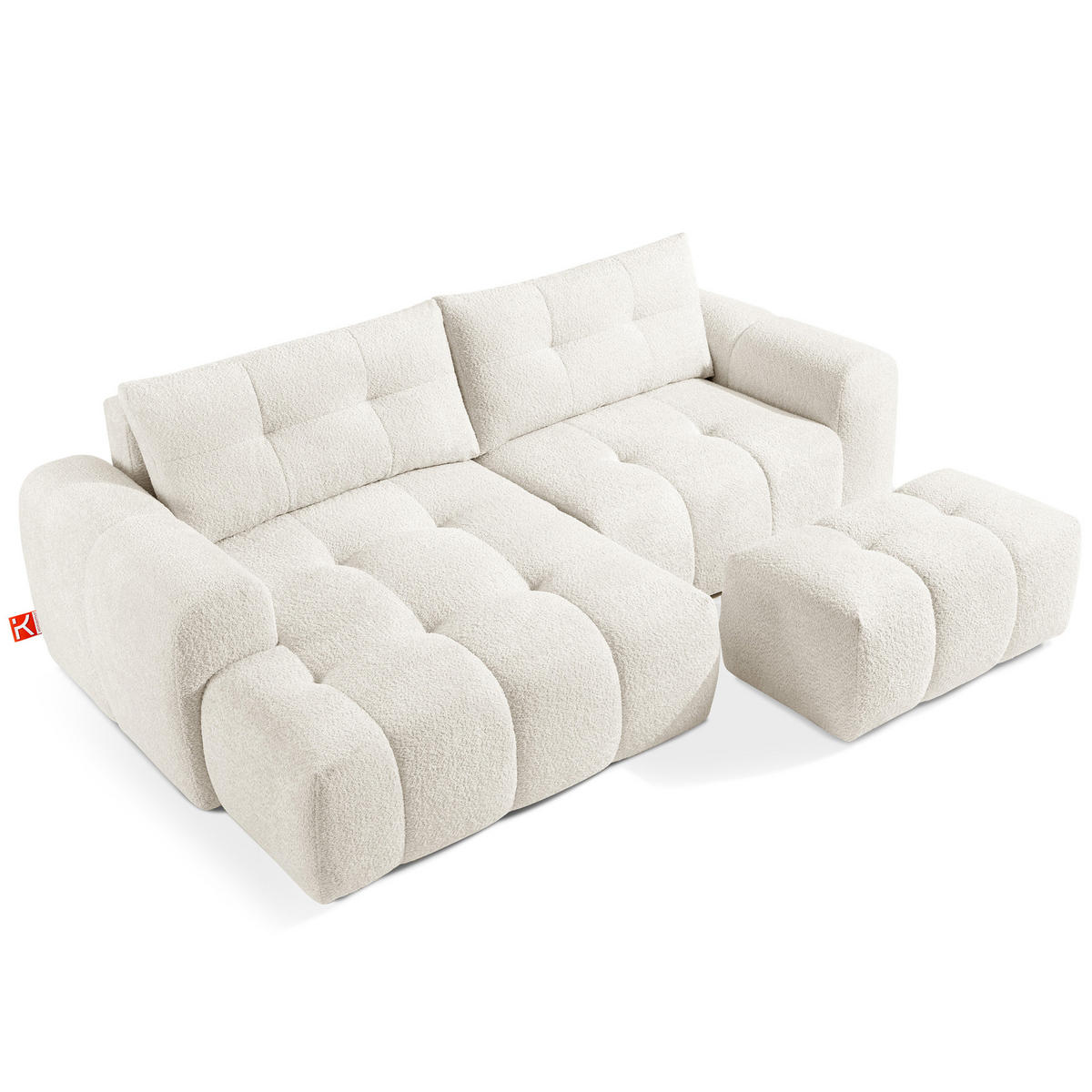 ECKSOFA MIT HOCKER RAVIA, Bouclé, Weiß - Weiß, Holz/Textil (96/50cm) - KONSIMO®