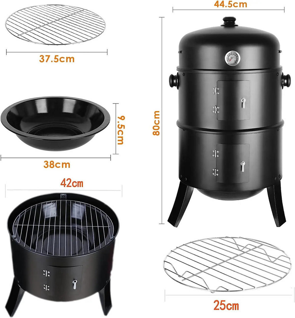HOLZKOHLEGRILL Räucherfass Grill mit Thermometer BBQ - Schwarz, Metall (44.5/80cm) - Kaket
