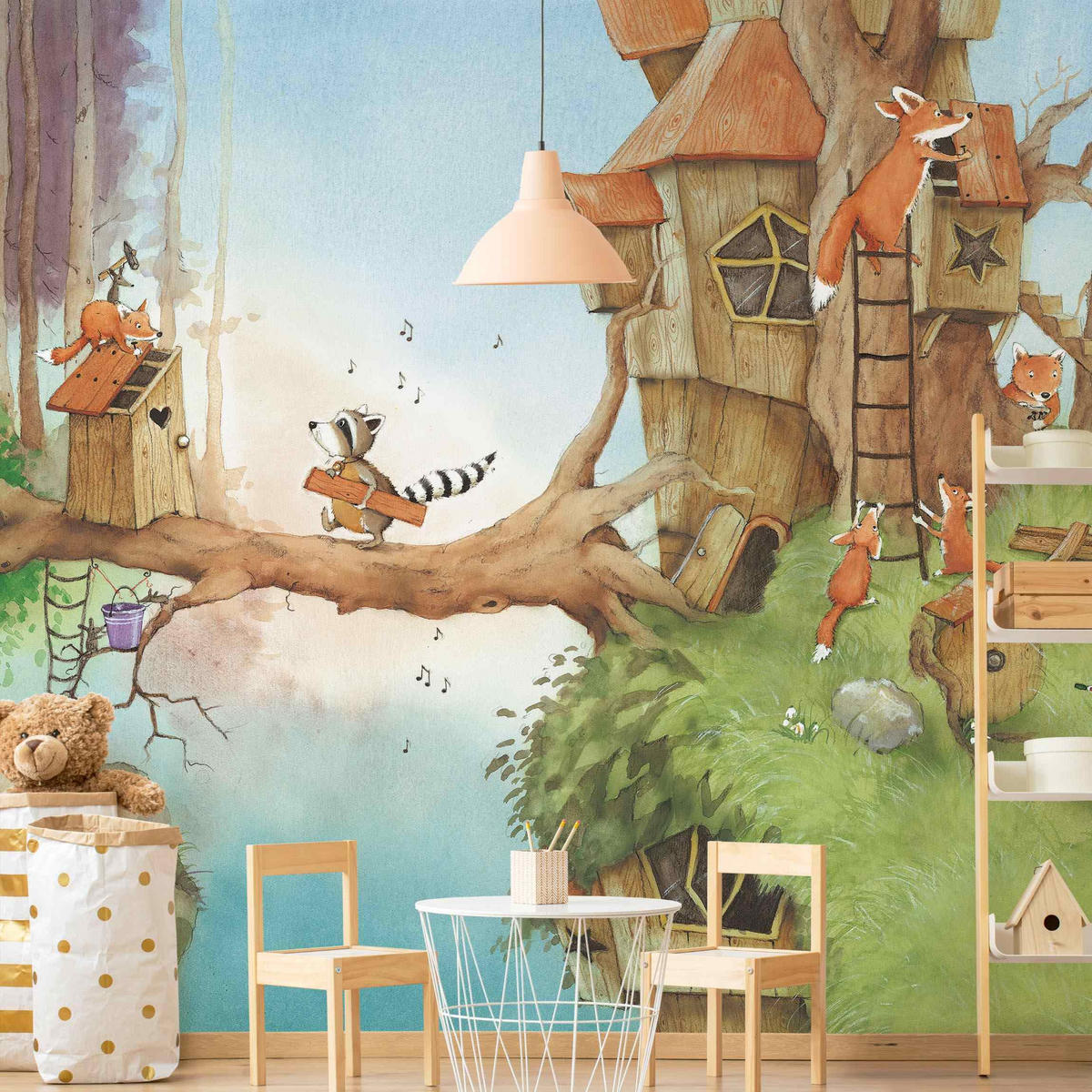 FOTOTAPETE Wassili Waschbär - Wassili und Familie Fuchs 240/240 cm - Braun, Papier (240/240cm) - Bilderwelten