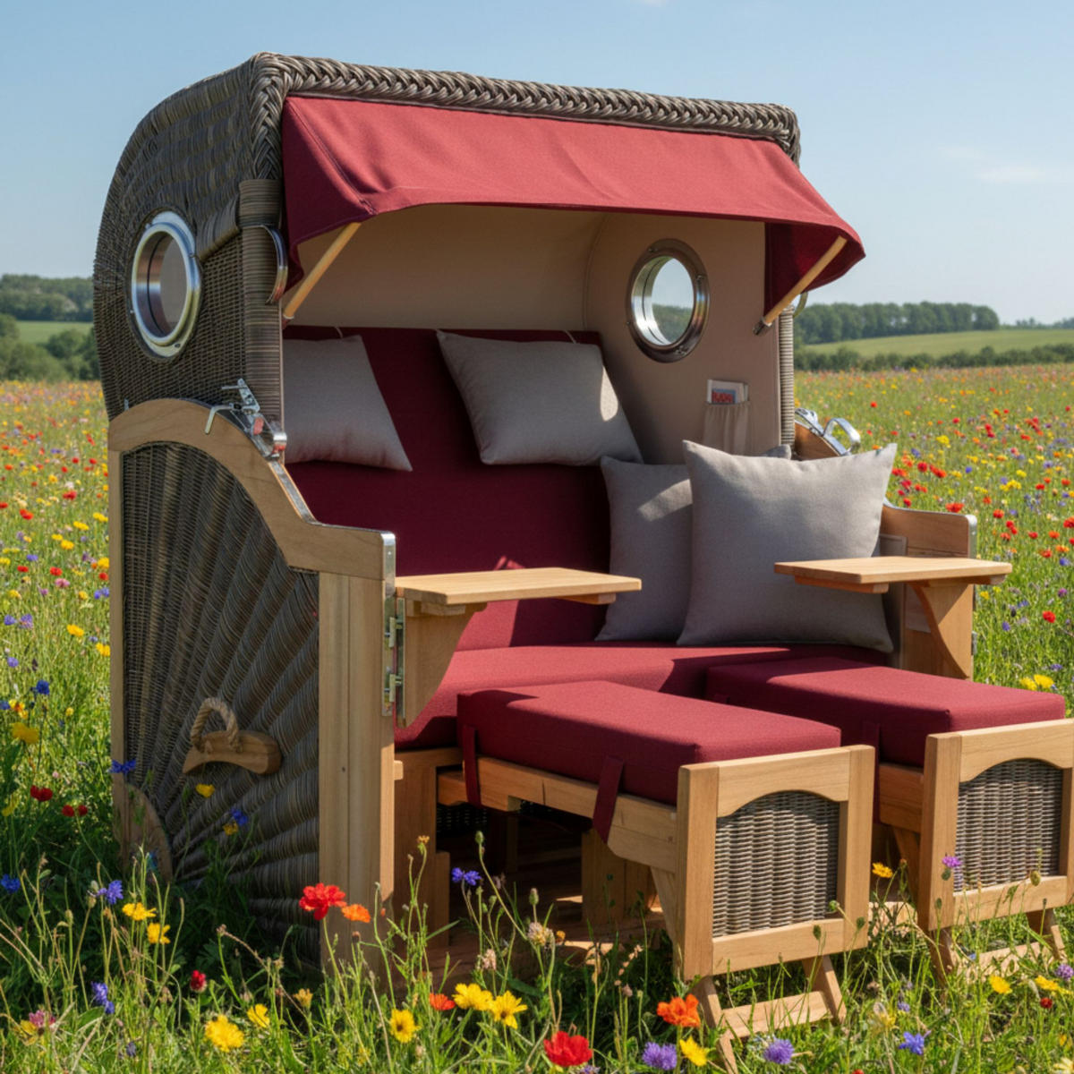 STRANDKORB Düne Grande Bullauge Teak PE Grey Dessin 594 - Rot/Braun, Metall (142/170/95cm) - Mr. Deko