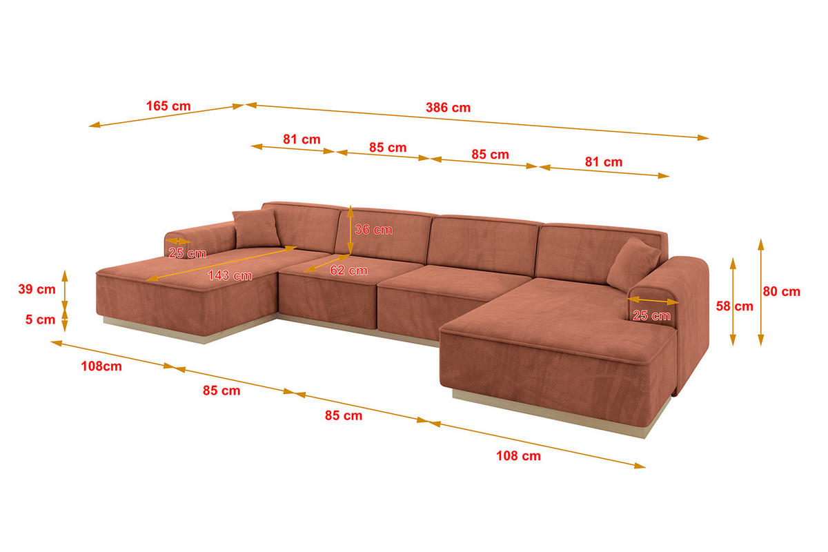 WOHNLANDSCHAFT IREA-U2 - 386x165x80 cm Apricot - Koralle, Holzwerkstoff/Textil (386/80/165cm) - ALTDECOR