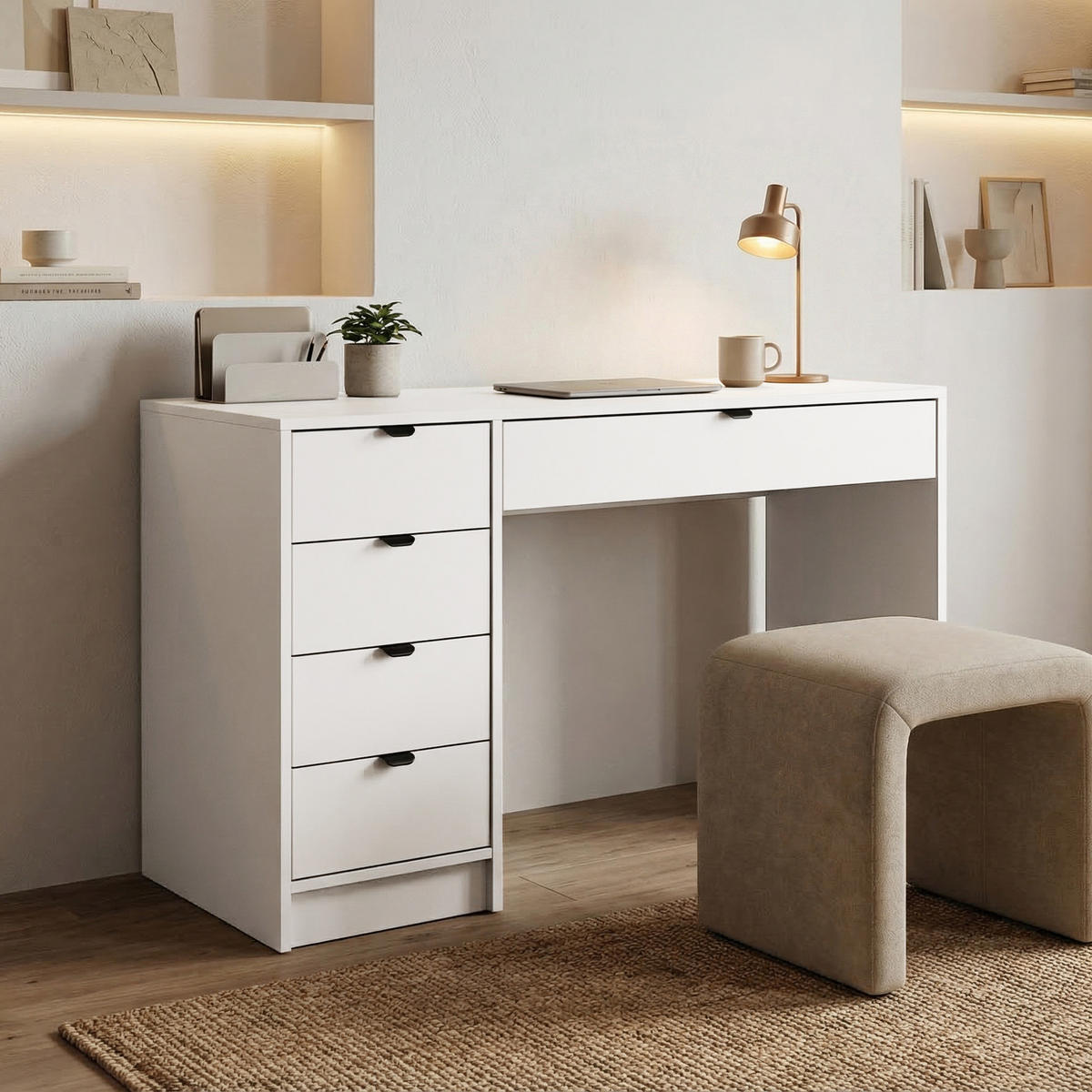 SCHREIBTISCH Malta mit 5 Schubladen, mit Griffen, Weiß - Schwarz/Weiß, Holzwerkstoff/Metall (57/120/75.5cm) - Beautysofa