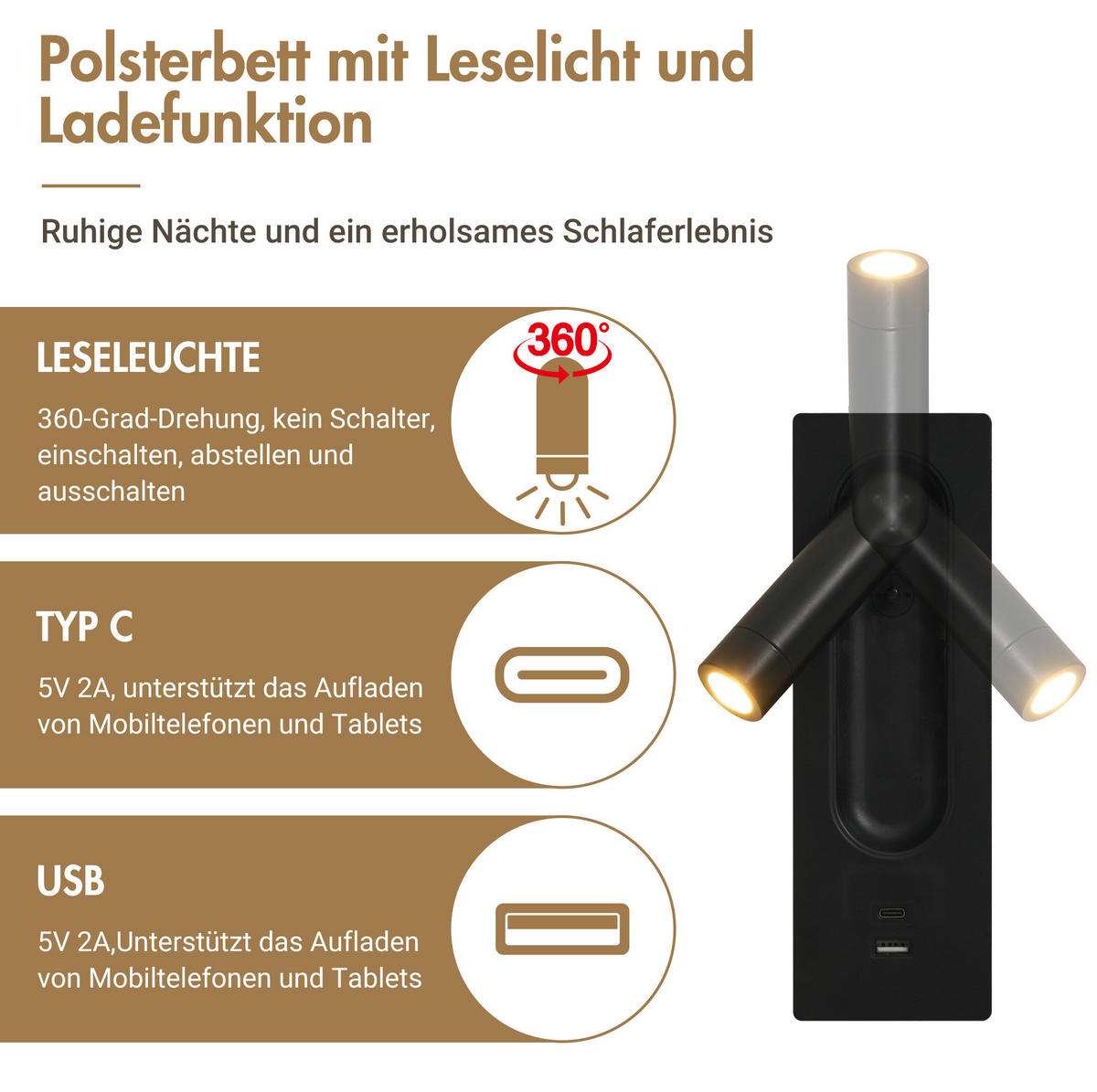 POLNJENA postelja iz lana 160x200 cm bež z vrtljivo bralno lučko, USB in Type-C priključkoma ter hidravličnim predalom - bež, tekstil (160/200cm) - Modfu