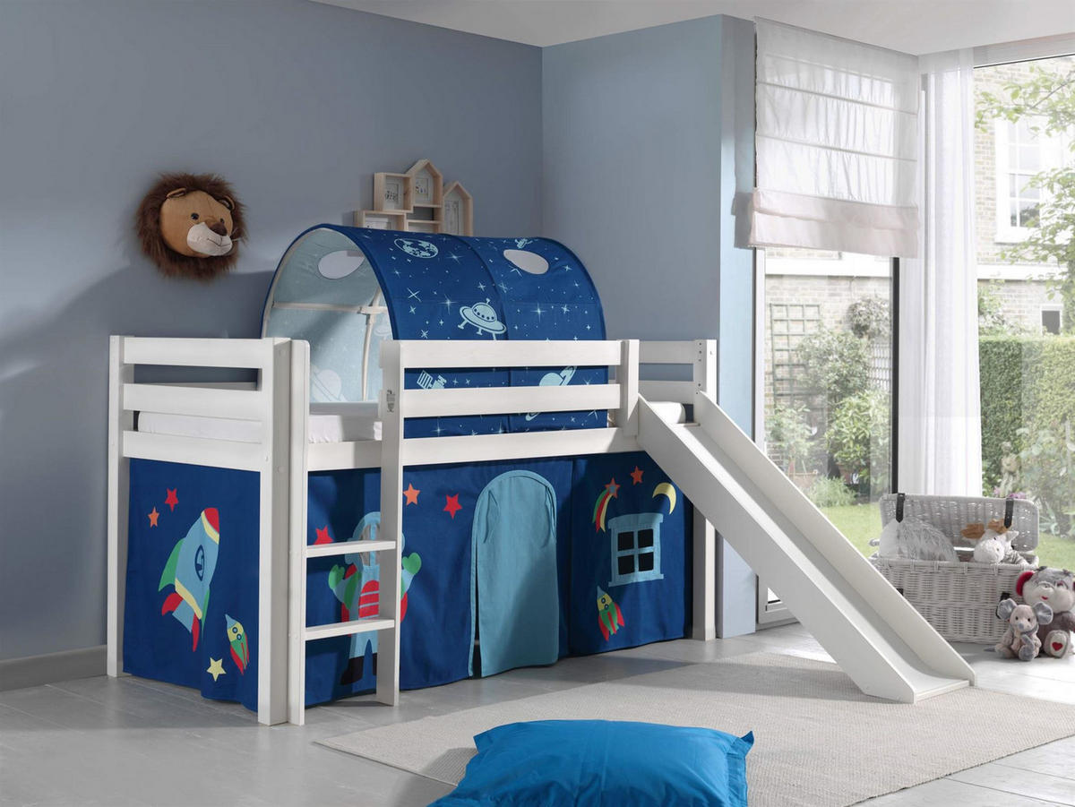 HOCHBETT mit Rutsche Karolina Massivholz Weiß Textilset Astro 2 - Blau/Weiß, Holz (90/200cm) - 58aufmkessel