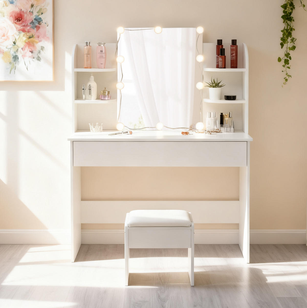 SCHMINKTISCH aus MDF 105x40x130 cm Weiß mit LED-Beleuchtung, 3-teiligem Spiegel und viel Stauraum - Weiß, Holzwerkstoff (105/130/40cm) - Modfu