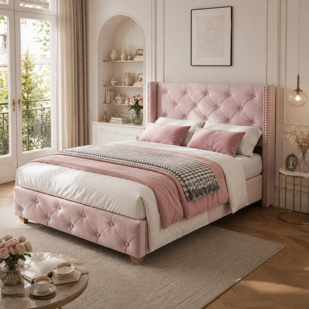 POLSTERBETT 90/200 cm in Pink Samt mit Kopfteil und Ziernieten - Rosa, Holzwerkstoff/Textil (90/200cm) - CHICFURN