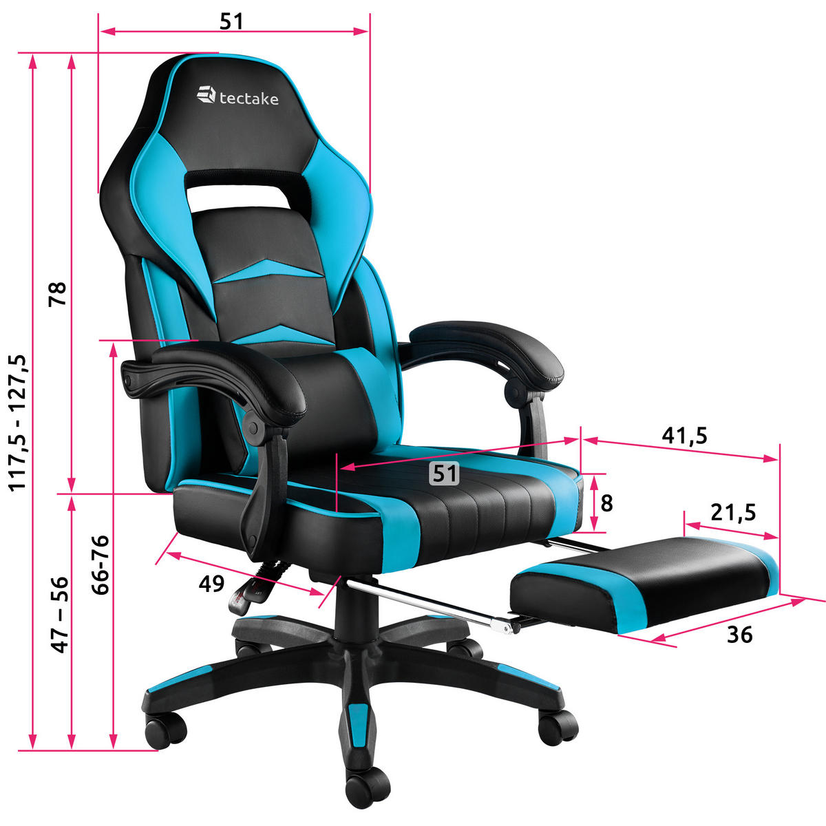 BÜROSTUHL Racing Comodo, Belastbarkeit 120 kg,schwarz/azur - Schwarz/Hellblau, Textil (70/127.5/69cm) - tectake