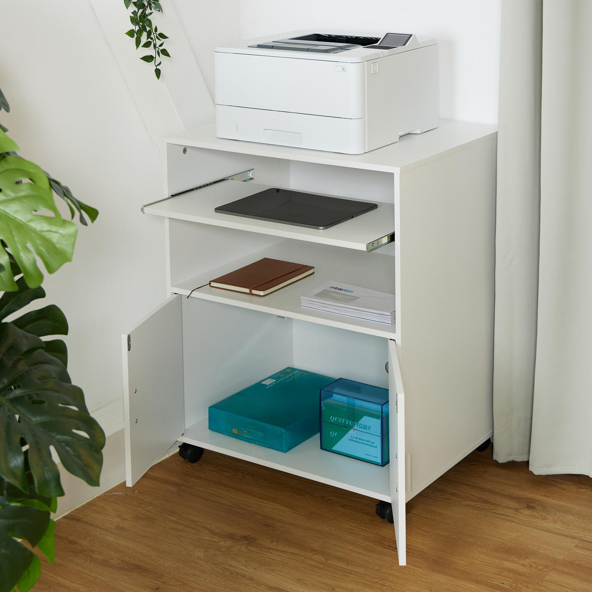 RULLHURTS Vit Silver med tangentbordshylla - Vit, Träbaserade material/Metall (60/74/48cm) - Relaxdays