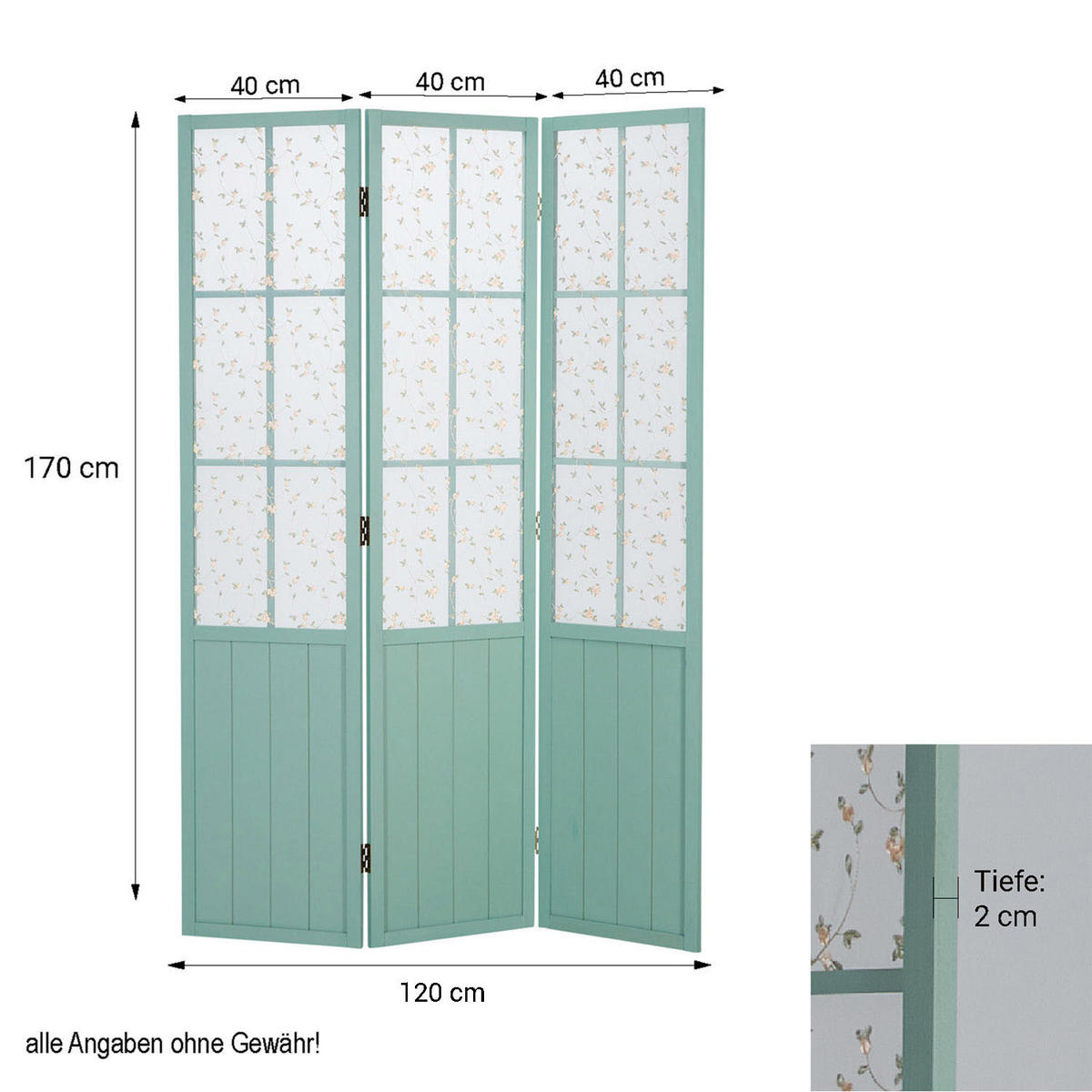 PARAVENT 3-tlg. 120/170 cm Türkis Landhausstil - Türkis, Holz (120/170/2cm) - Homestyle4u