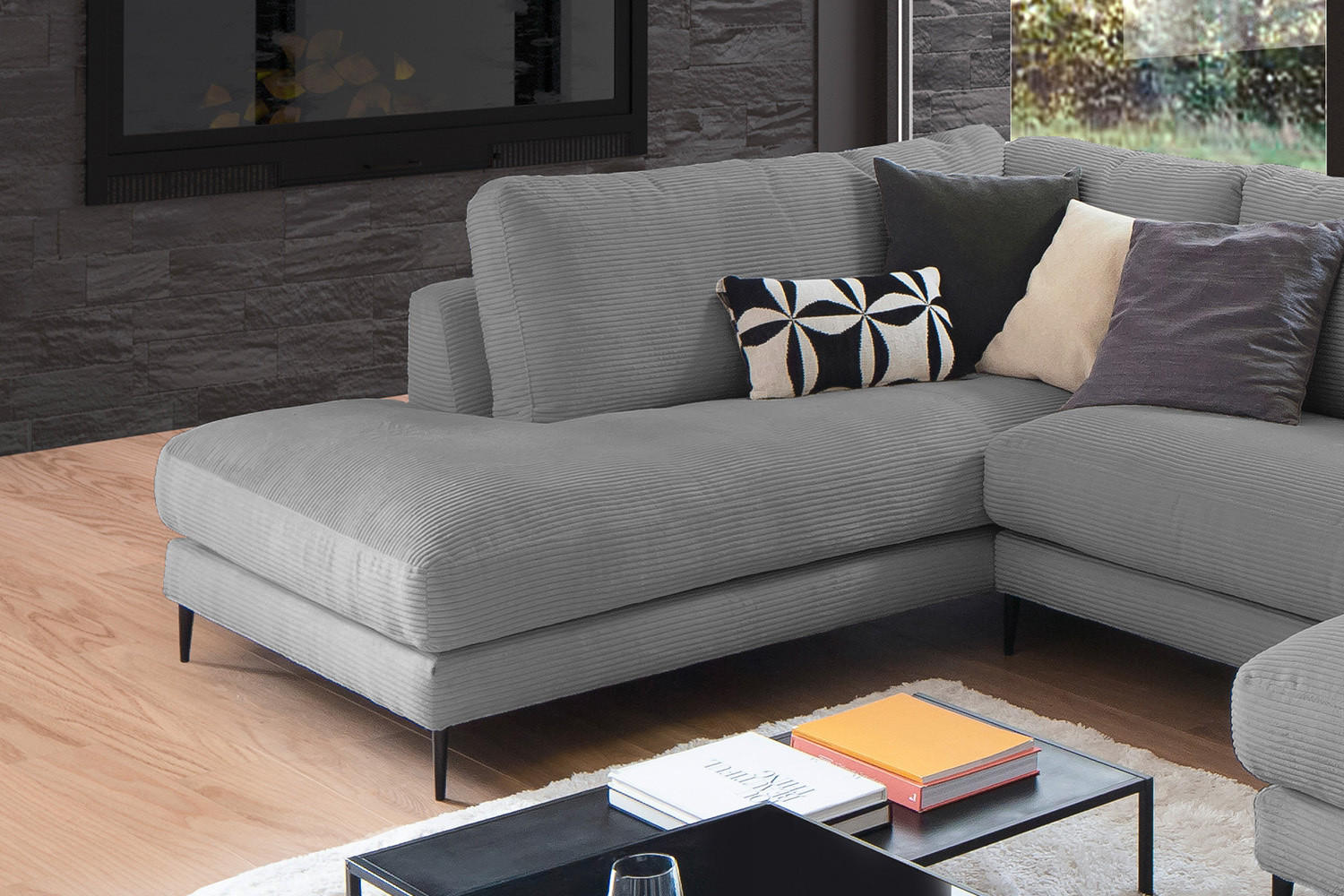 WOHNLANDSCHAFT CARA Grau Cord - Schwarz/Grau, Textil (341/84/223cm) - KAWOLA