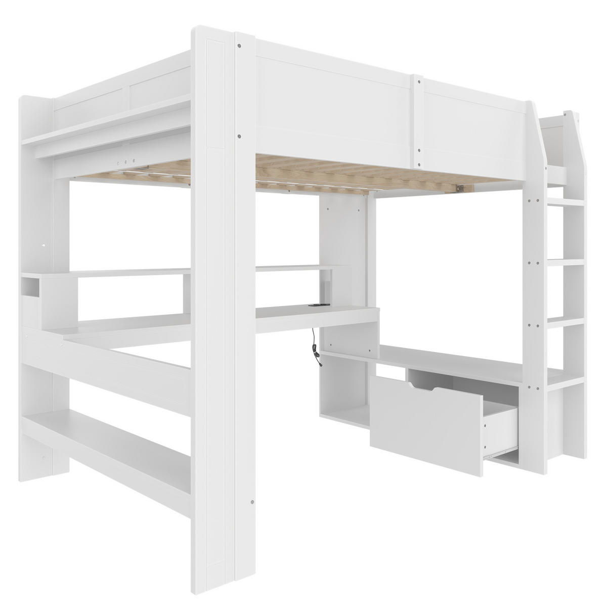HOCHBETT aus Kiefernholz 140x200 cm Weiß mit Schreibtisch, Schublade, Regalen und LED-Beleuchtung - Weiß, Holz (140/200cm) - IVMEU