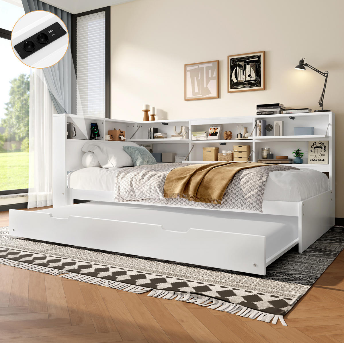POLSTERBETT 90/200 cm Weiß mit Stauraum und USB- und Type-C-Anschlüssen - Weiß, Holz (90/200cm) - Flora Grace