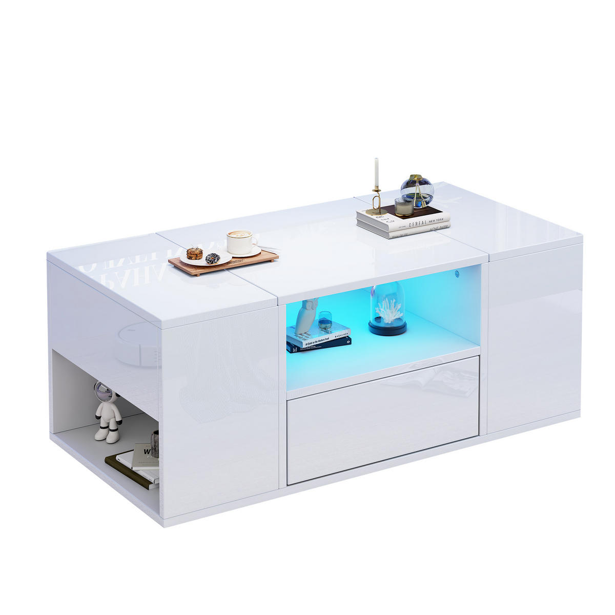 COUCHTISCH weiß aus Spanplatte mit Hochglanzoberfläche und App-gesteuerter USB-LED 100 × 50 × 40 cm - Weiß, Holzwerkstoff (50/100/40cm) - Luhomfu