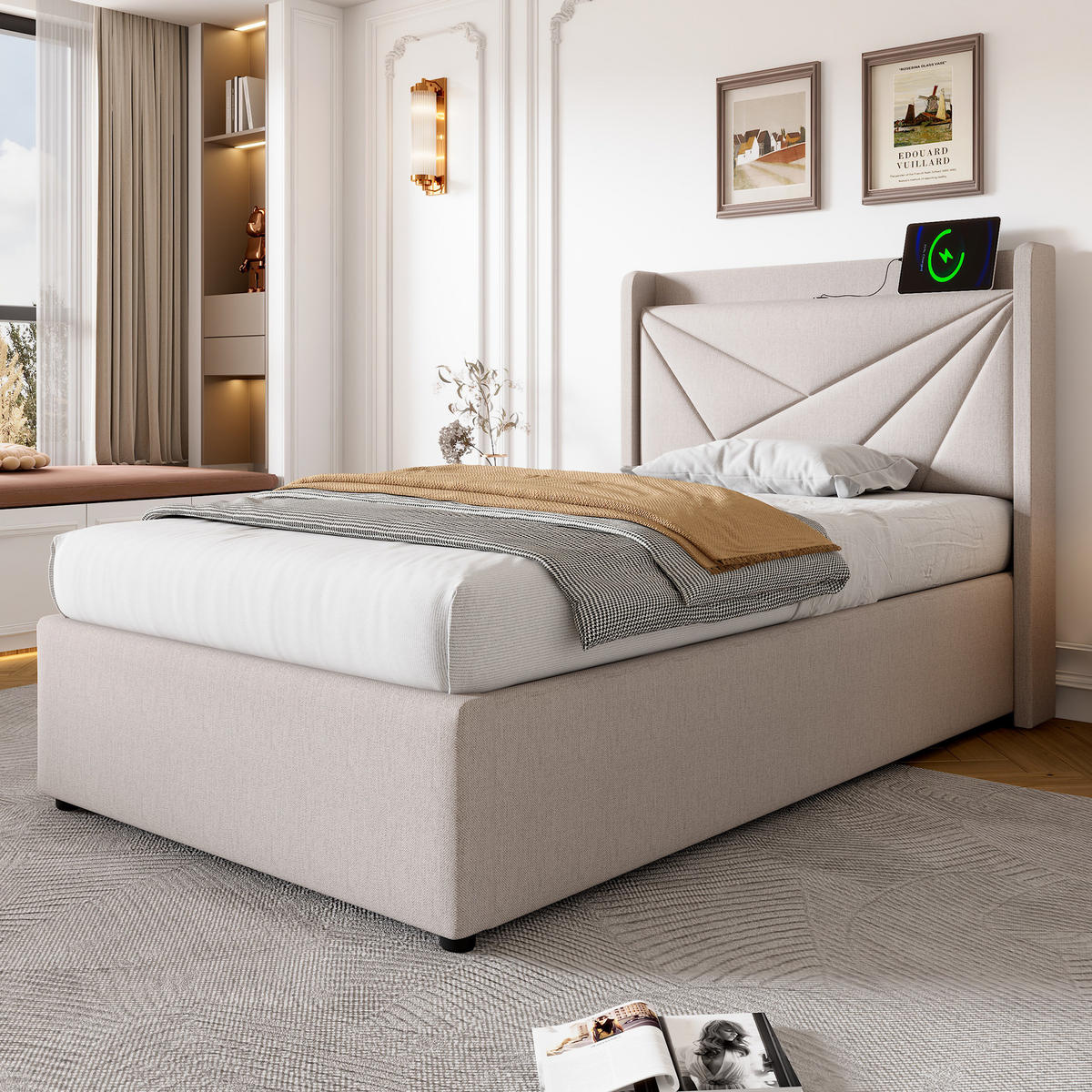 POLSTERBETT 90/200 cm in Beige mit Bettkasten und USB- und Type-C-Anschlüssen - Beige, Textil (90/200cm) - Flora Grace