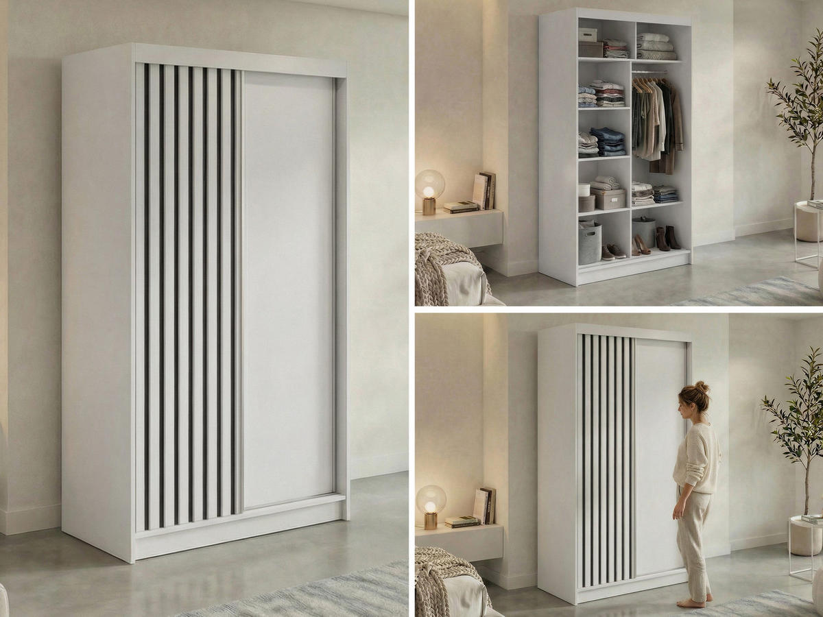SCHWEBETÜRENSCHRANK mit Lamellen LUMOS - 120 - Weiß und Schwarz - Schwarz/Alufarben, Holzwerkstoff/Metall (120/216/61cm) - MKS