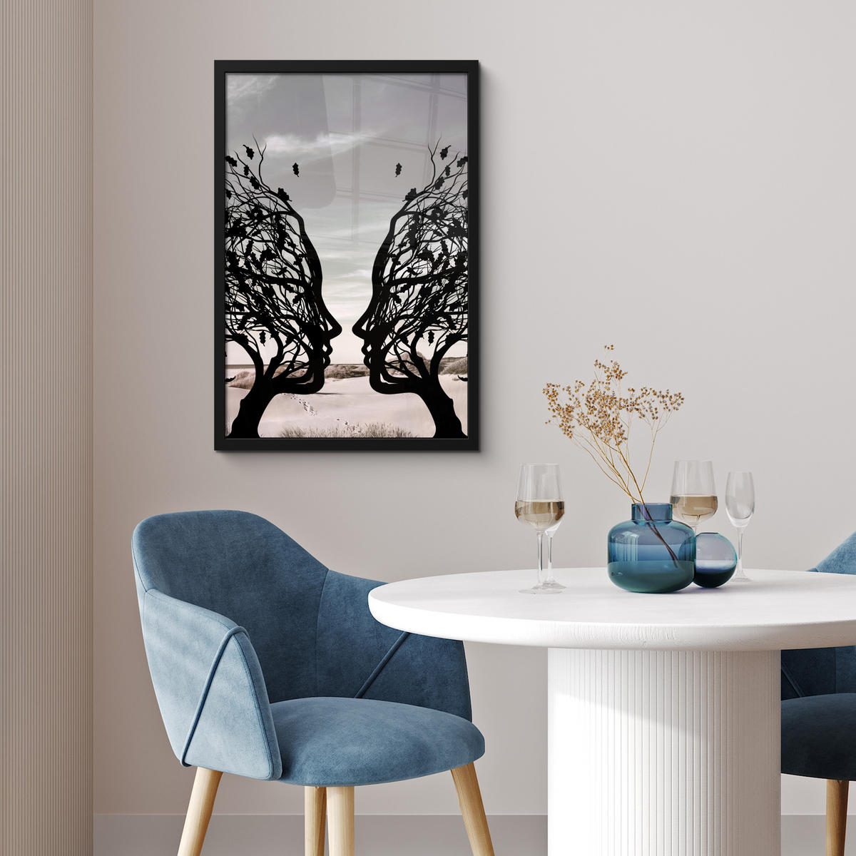 GERAHMTES BILD Strand - Meer - Menschen - Baum - Moderne Kunst 40x60 cm - Hellgrau, Papier (40/60cm) - MuchoWow