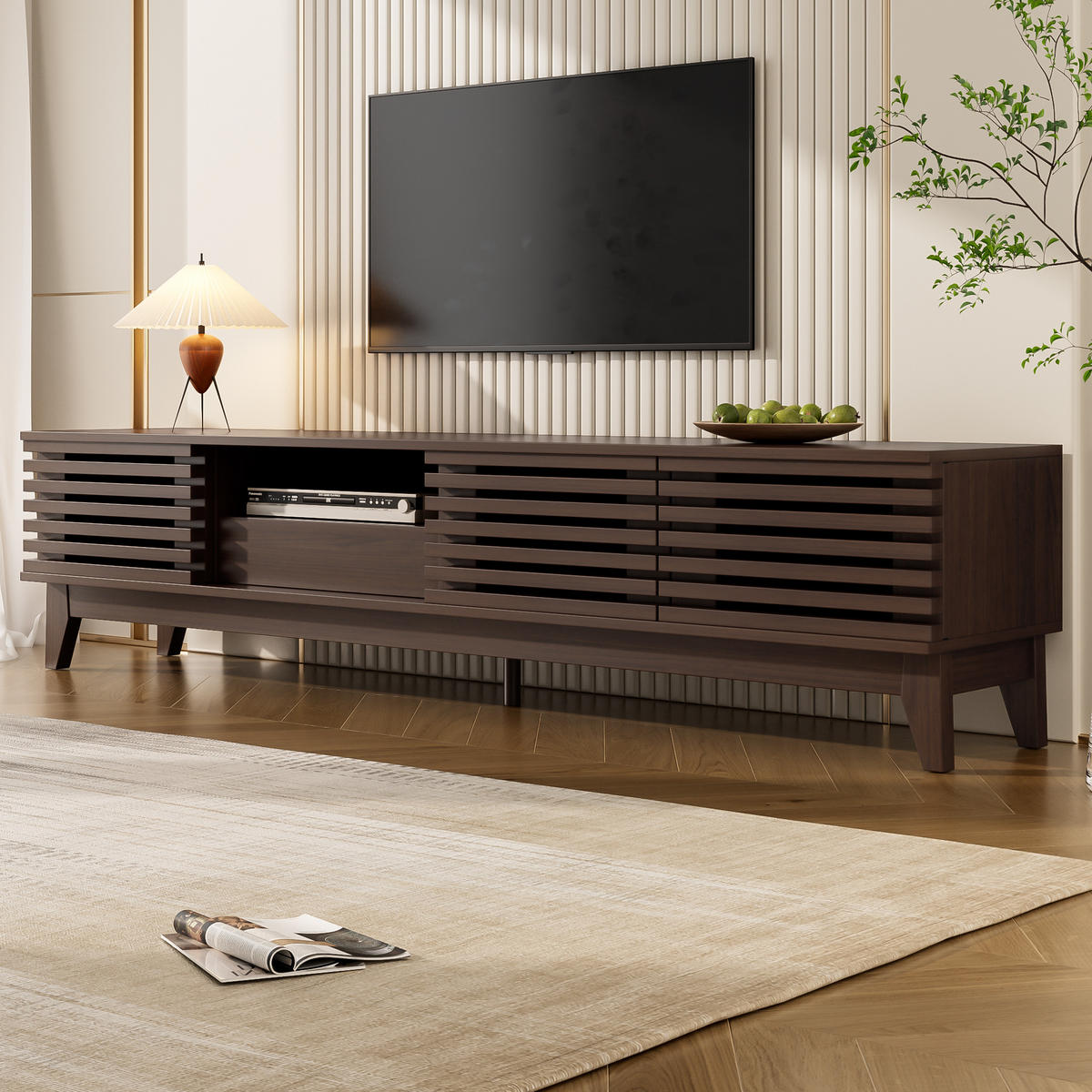 TV-LOWBOARD aus Holzwerkstoff 170x35x40 cm Natur mit 3 Türen, 1 Schublade und Kabeldurchführung im Vintage-Lamellendesign - Naturfarben, Holzwerkstoff (170/40/35cm) - Modfu