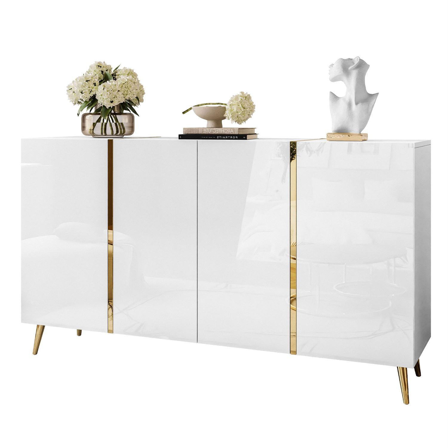 SIDEBOARD ONYX 4T 158 CM AUF GOLDENEN BEINEN PUSH OPEN - Weiß, Holzwerkstoff (158/88/41cm) - Lookway