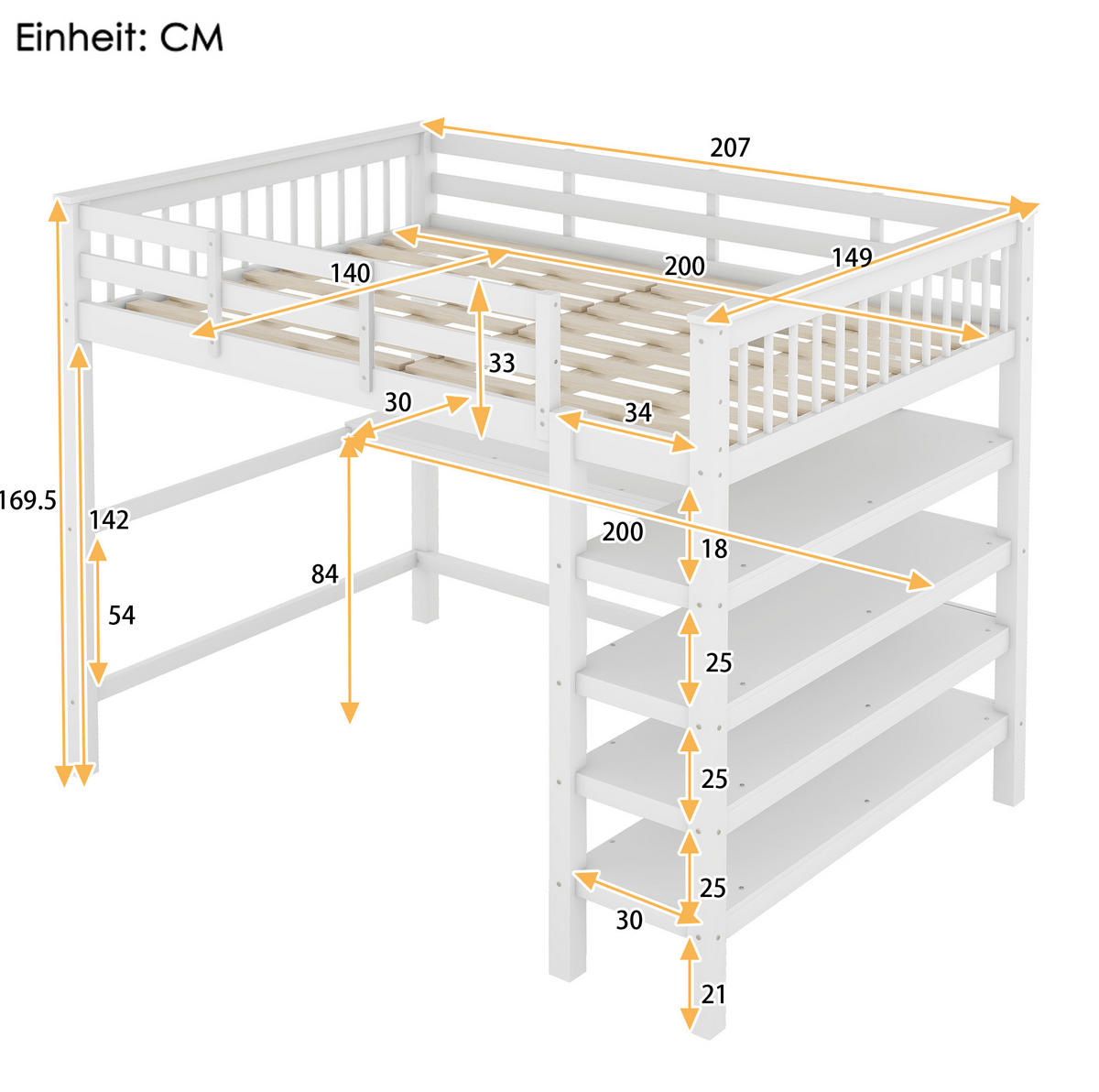 HOCHBETT 140/200 cm weiß mit Ablagefächern und Unterbettschreibtisch mit Matratze - Weiß, Holzwerkstoff (140/200cm) - OKWISH