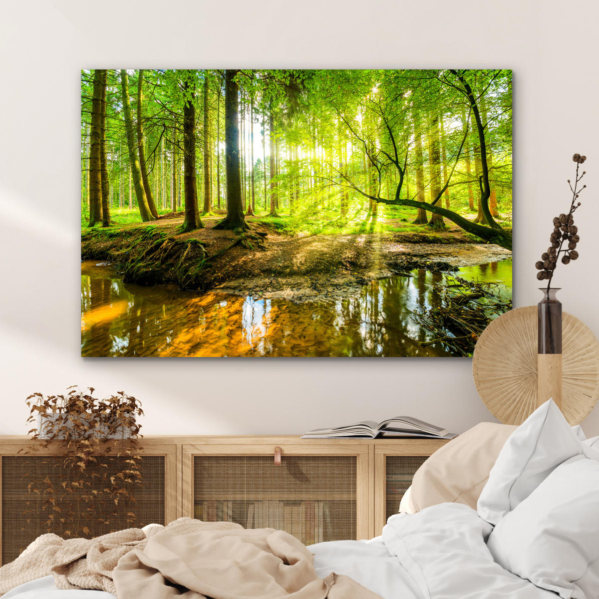 METALLBILD Wald - Landschaft - Wasser - Bäume - Sonne - Grün - Natur 90x60 cm - Grün, Metall (90/60cm) - MuchoWow