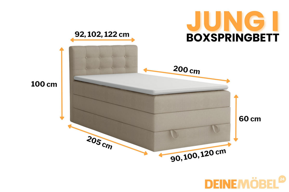 BOXSPRINGBETT JUNG 1 100/200 Velours Beige mit Matratzen H3 + H4 - Beige, Holz/Holzwerkstoff (100/200cm) - Deine Möbel 24
