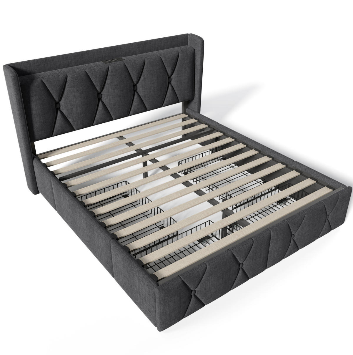 POLSTERBETT 160/200 cm mit USB-Anschlüssen, Steckdosen und 4 Schubladen, Leinenoptik, Grau - Grau, Textil (160/200cm) - Redom