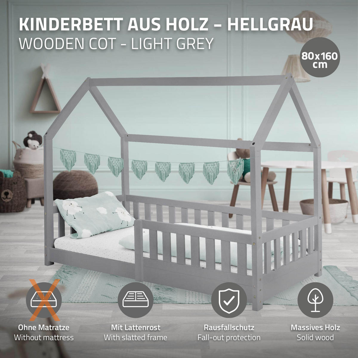 KINDERBETT mit Dach 80x160 cm Hellgrau - Hellgrau, Holz (80/160cm) - ML-DESIGN