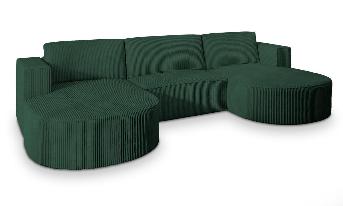 WOHNLANDSCHAFT VEZZO P Grün Kordstoff mit Schlaffunktion - Grün, Holz (347/85/174cm) - MASSENO